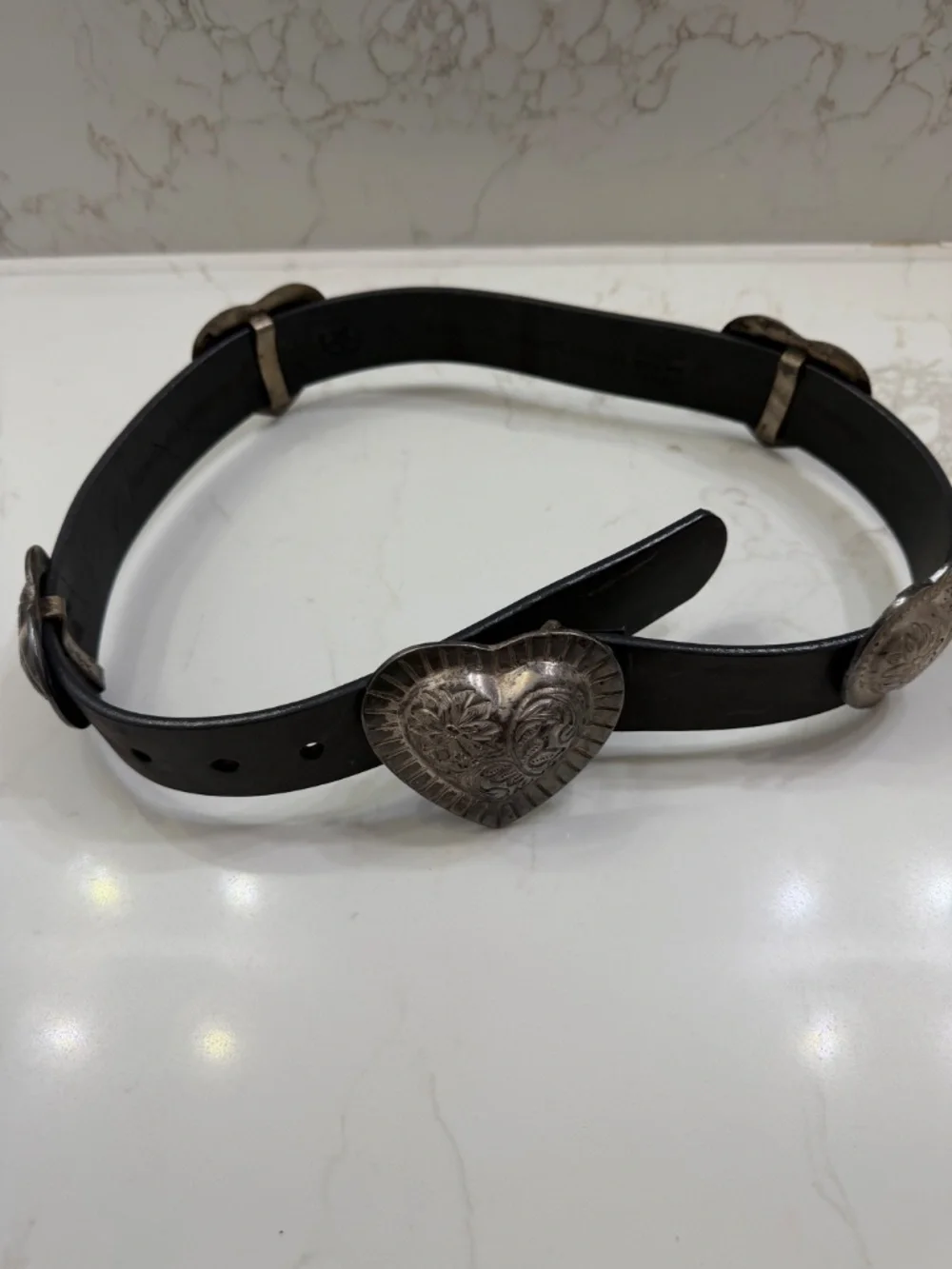 JENNY AND THE BOYS - Women's Belt - HEARTS DESIGN - BLACK Leather - Size M